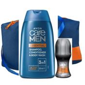 Lot de 3 produits soin pour homme : gel douche corps et cheveux, déo bille et trousse de toilette
