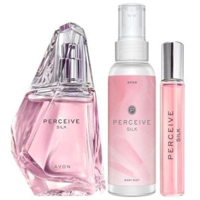Lot de 3 produits Perceive Silk : eau de parfum 50ml, vaporisateur format sac et spray corps